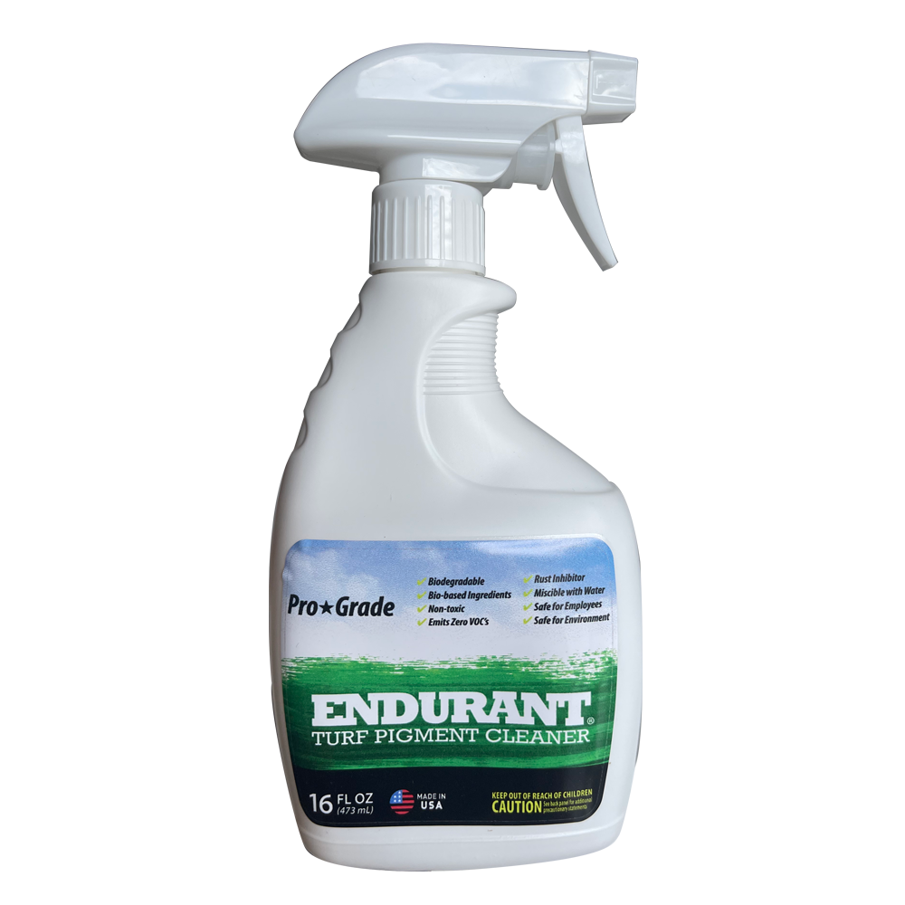 Endurant is safe on equipment just rinse with water and if needed use Endurant Turf Pigment Cleaner 